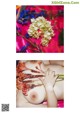 A woman laying on a bed with flowers on her breasts.