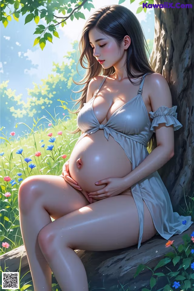 A pregnant woman sitting under a tree in a field of flowers.