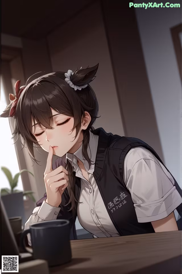 A woman sitting at a table with a cup of coffee.
