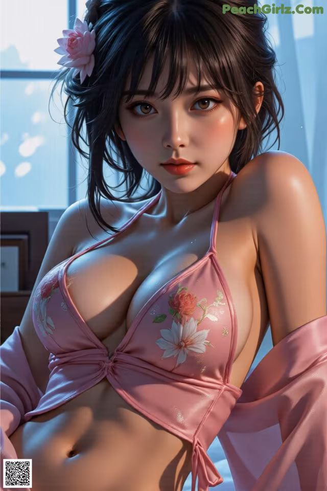 A woman in a pink bikini with a flower in her hair.