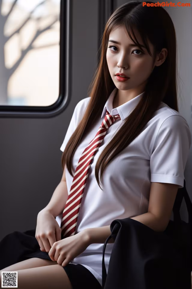 A woman in a white shirt and red and white striped tie.