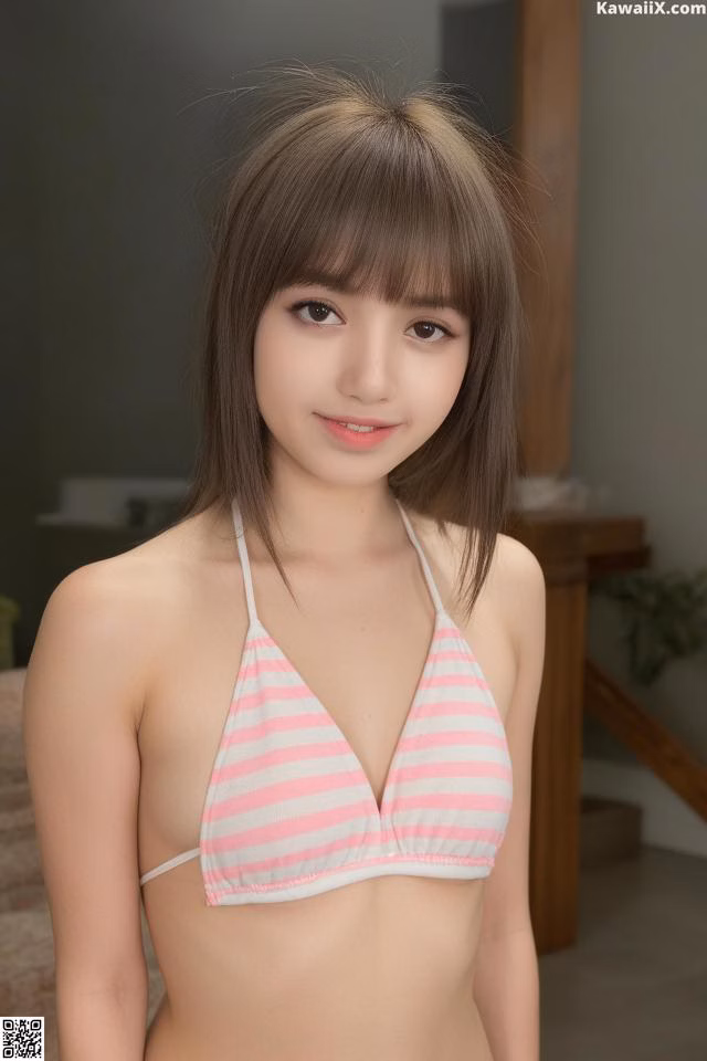 A woman in a pink and white striped bikini posing for the camera.