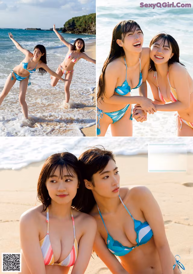 A group of young women in bikinis on the beach.