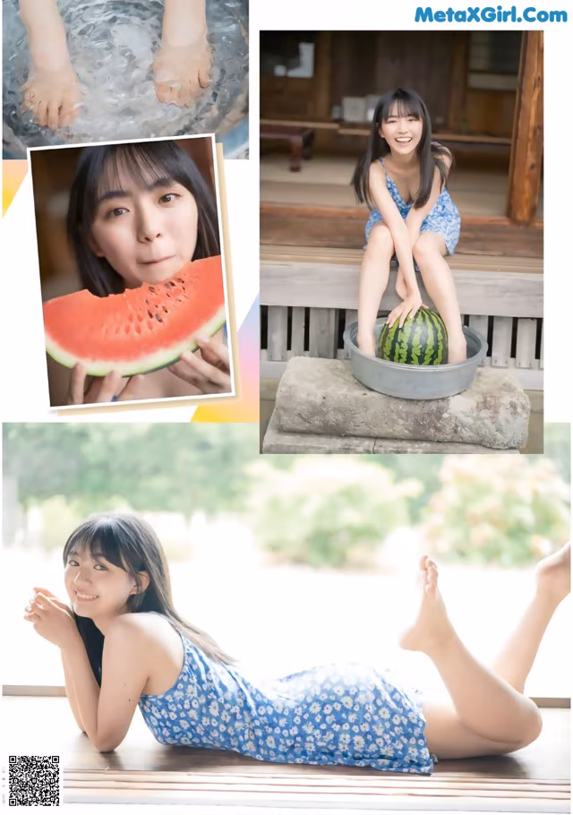 A woman in a blue dress sitting on a bench with a watermelon.