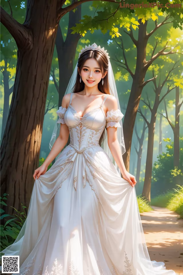 A woman in a wedding dress standing in the woods.
