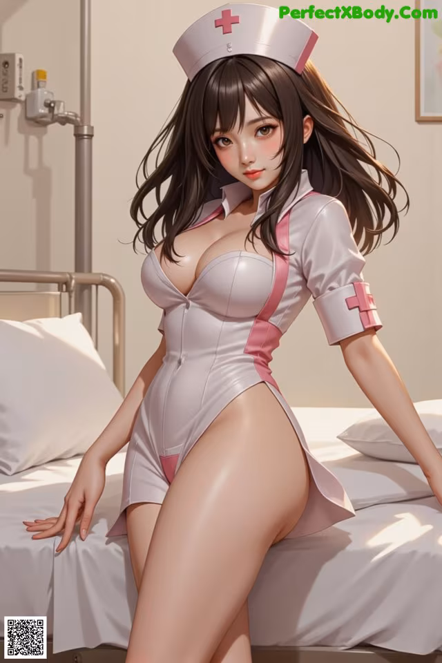 A woman in a nurse outfit sitting on a bed.