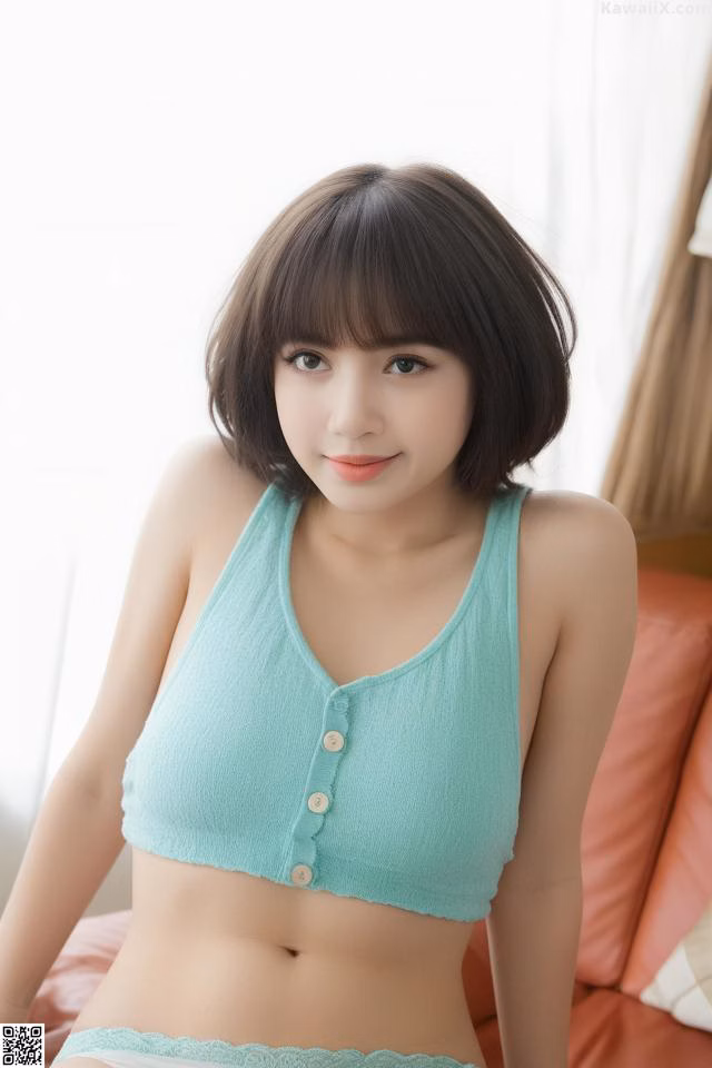 A woman in a green top and white panties sitting on a couch.