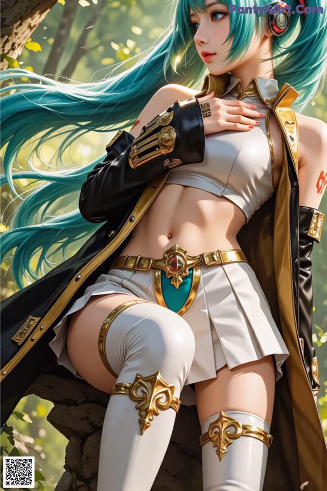 A woman with long blue hair sitting on a tree branch.