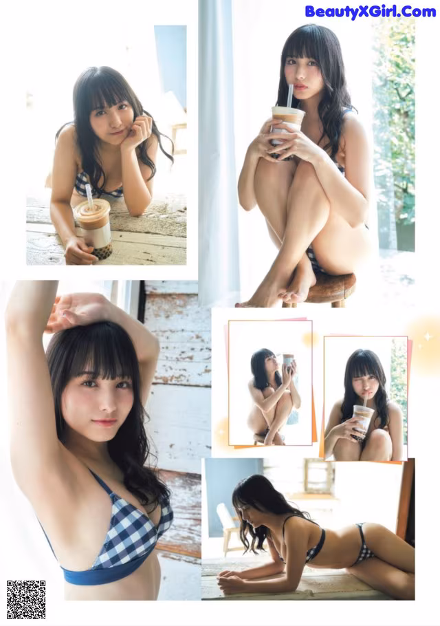 A woman in a bikini sitting on a table with a cup of coffee.