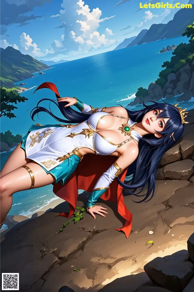 A woman in a white and blue outfit is posing on a rock by the ocean.