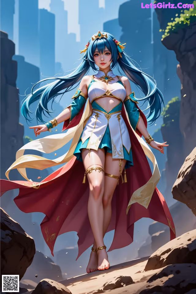 A woman with long blue hair standing on a rock.