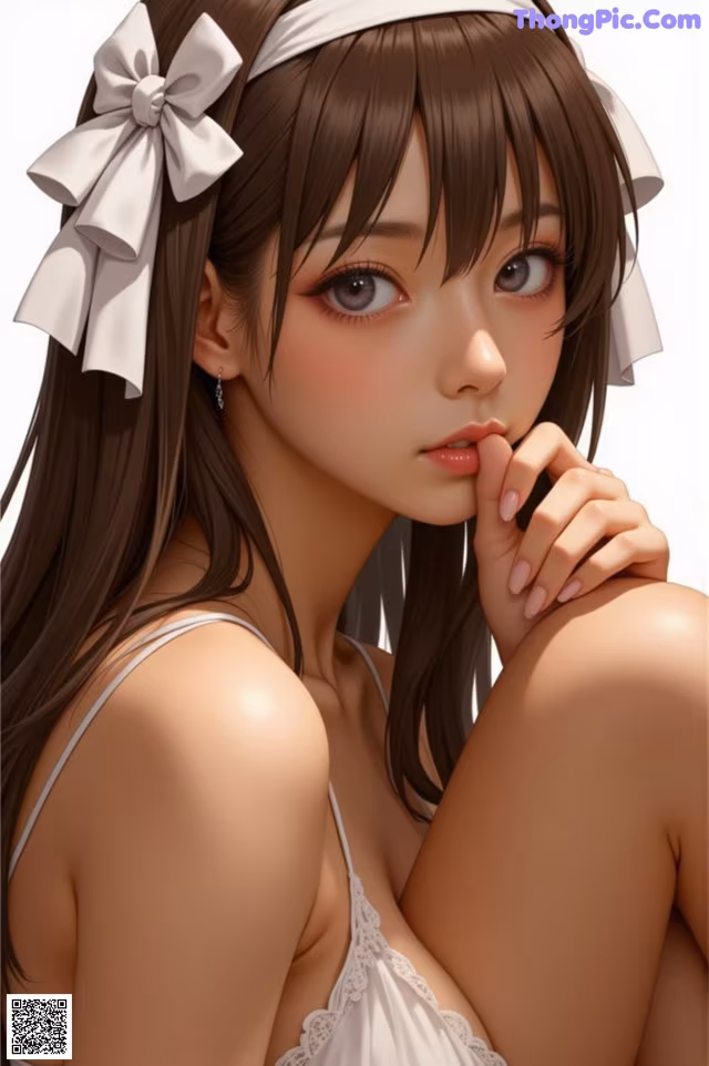 A girl with long brown hair wearing a white dress and a bow.