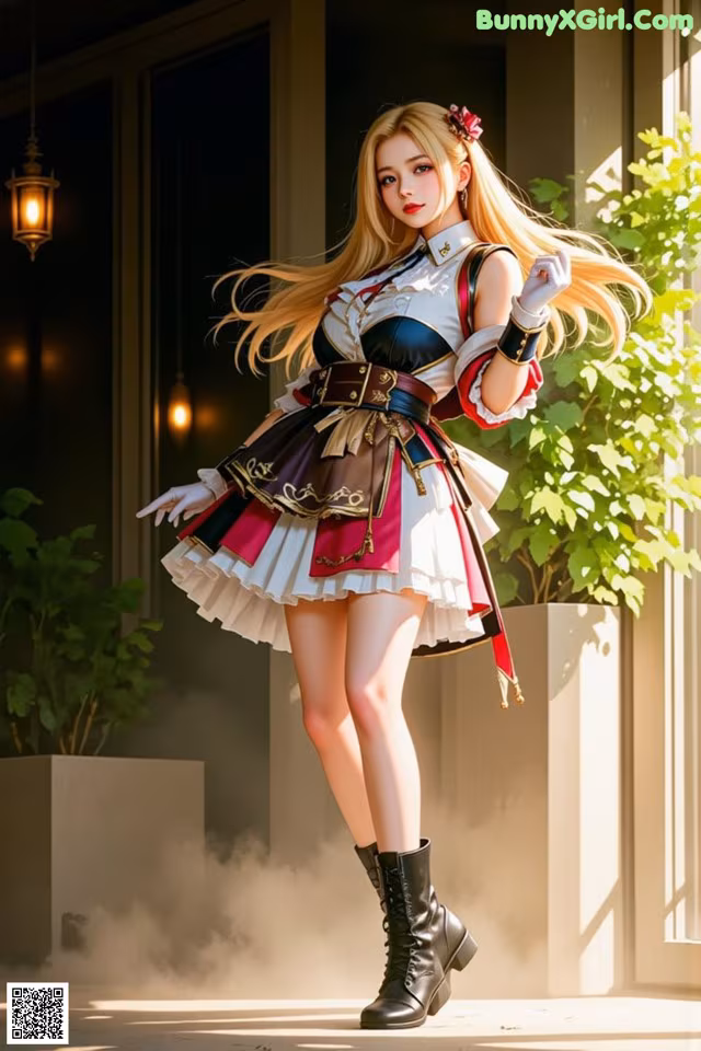 A woman in a dress and boots posing for a picture.