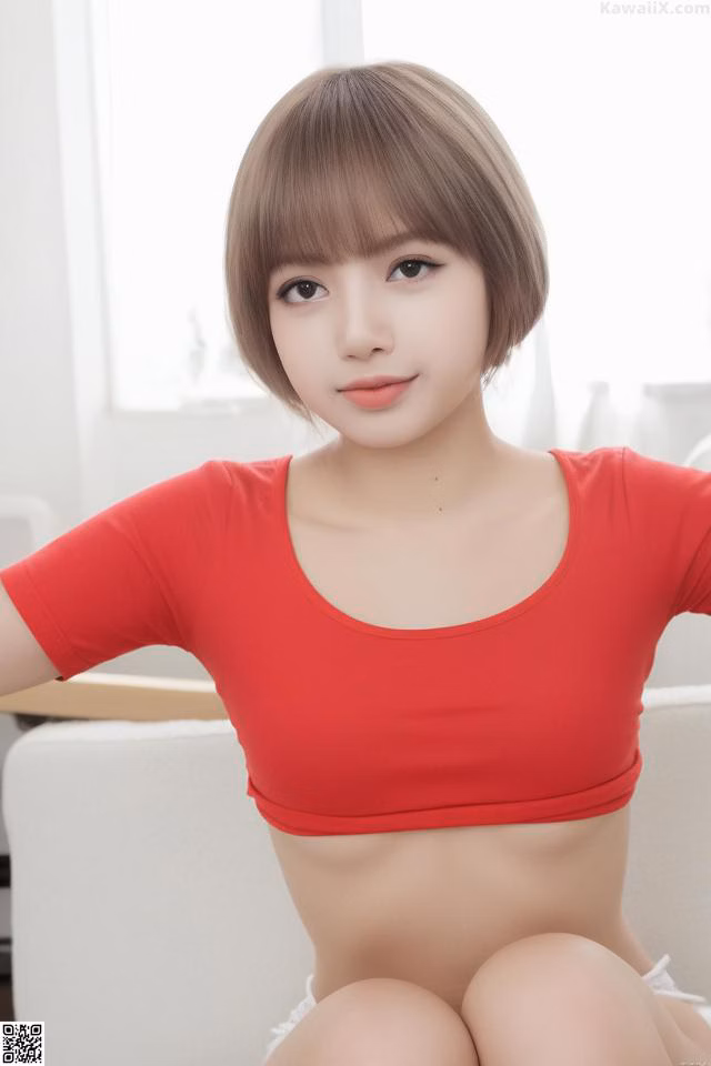 A woman in a red top sitting on a white couch.
