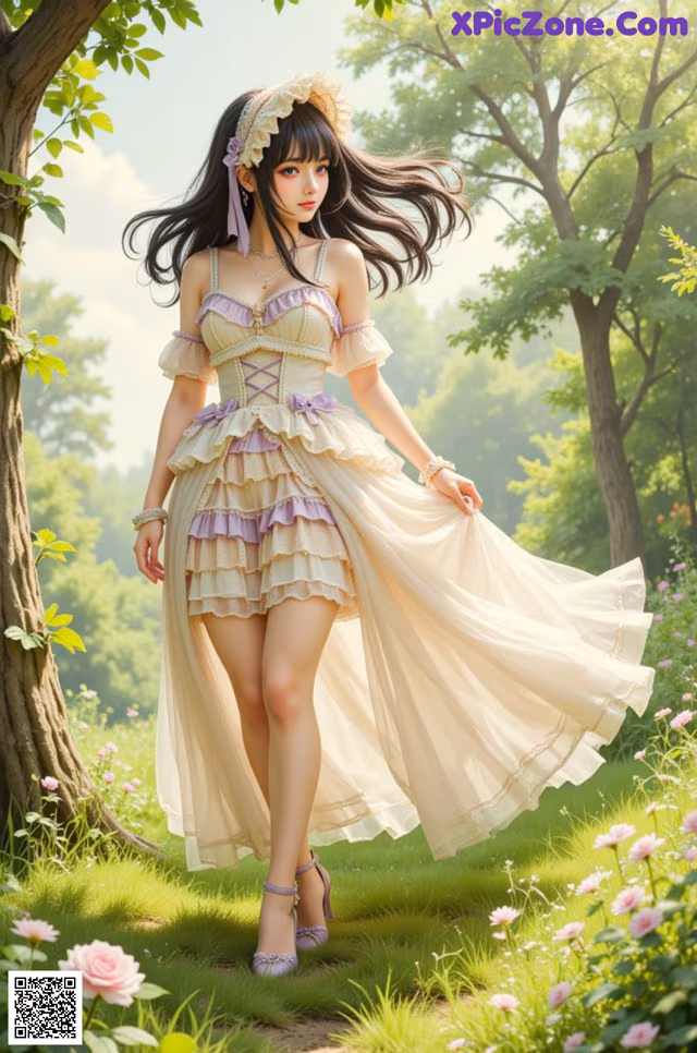 A woman in a dress is walking through a field of flowers.