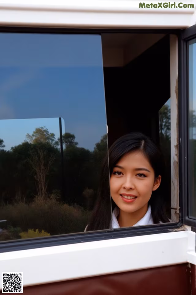 A young woman looking out of a train window.