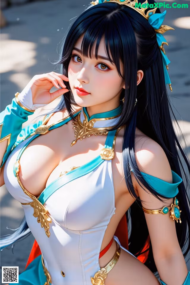 A woman in a white and blue outfit with a crown on her head.